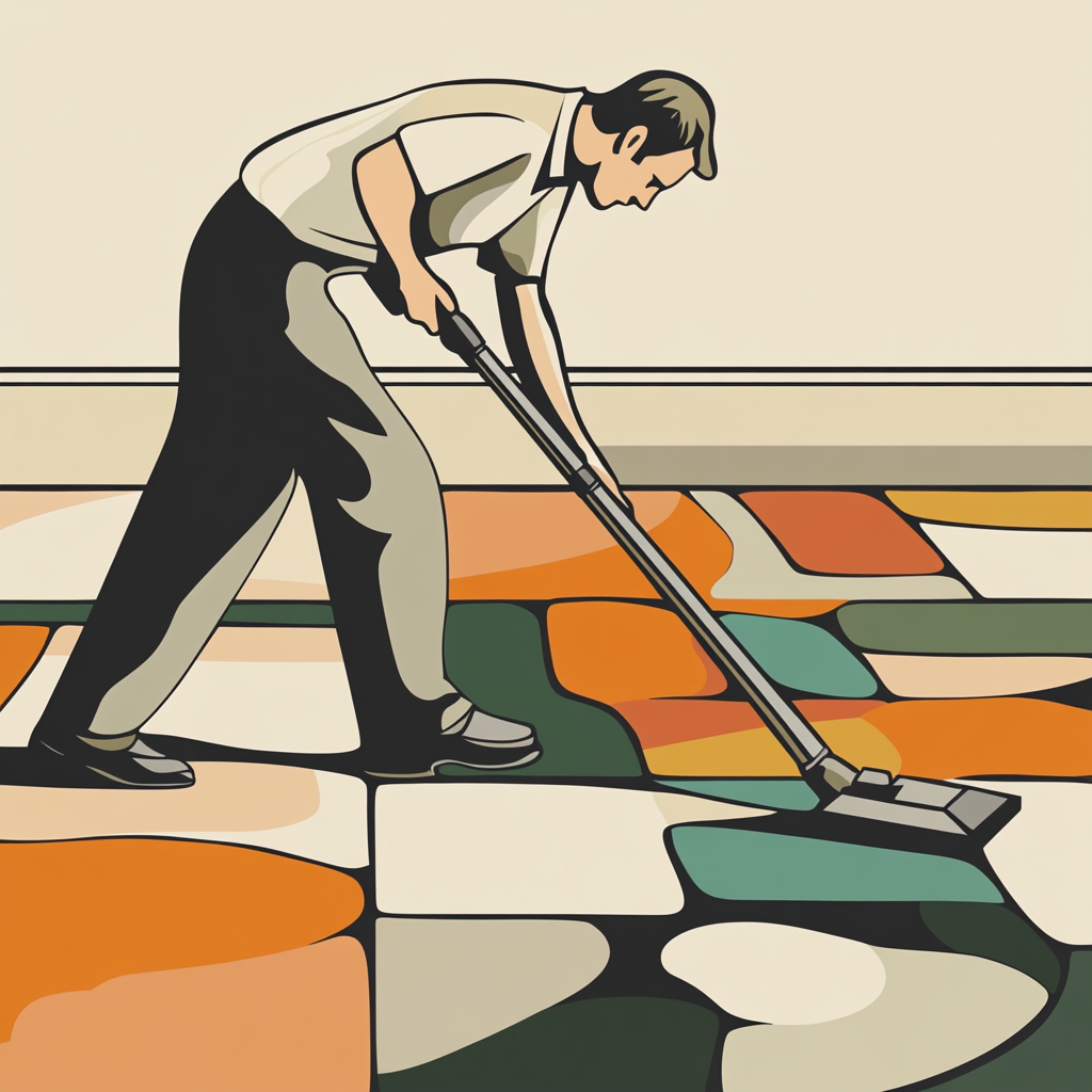 A man vacuums carpet in detailed art style