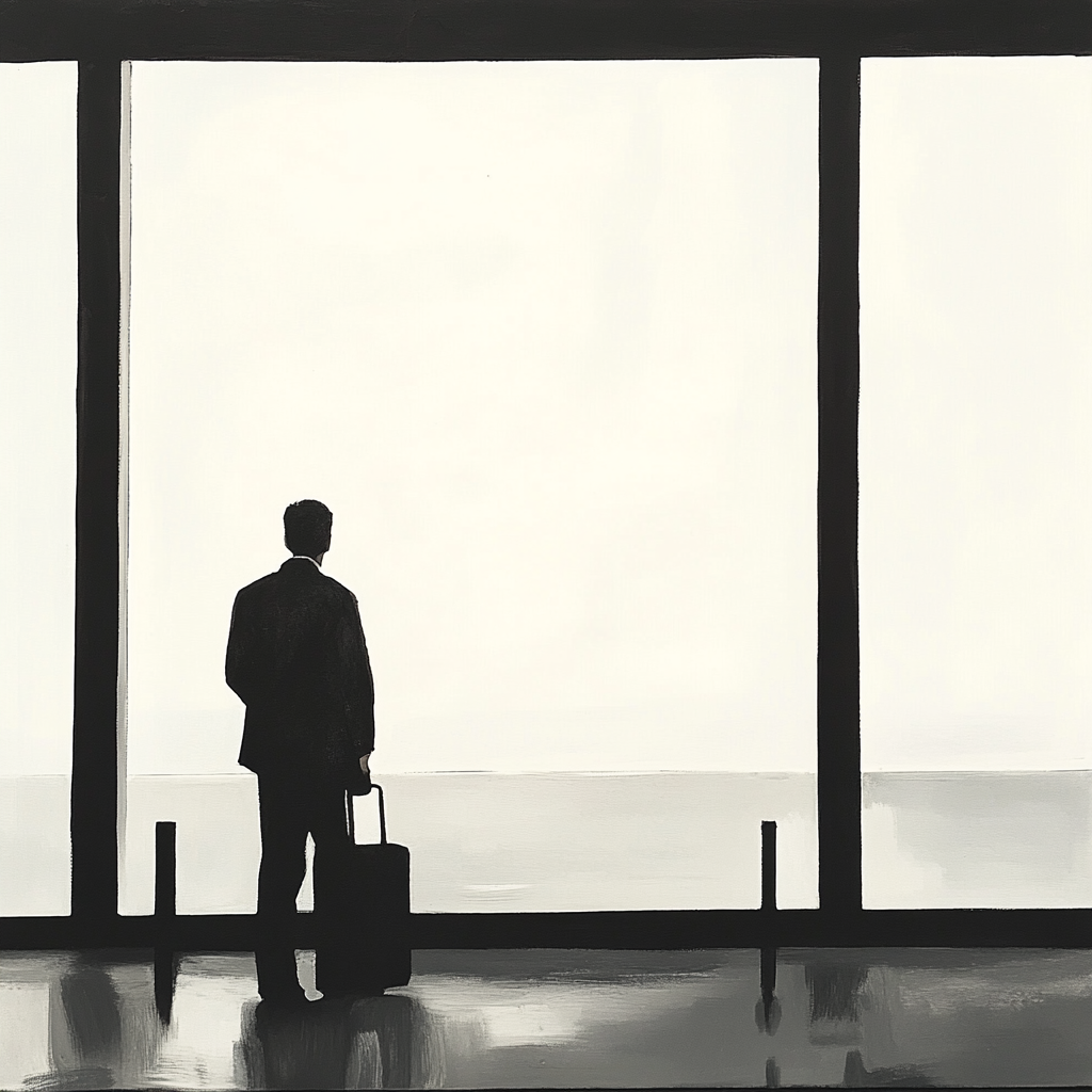 A man waits calmly at airport gate in monochrome