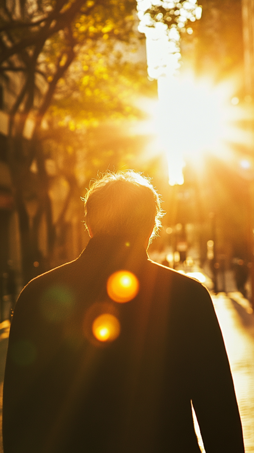 A man walking in beautiful, sad sunlight scene.