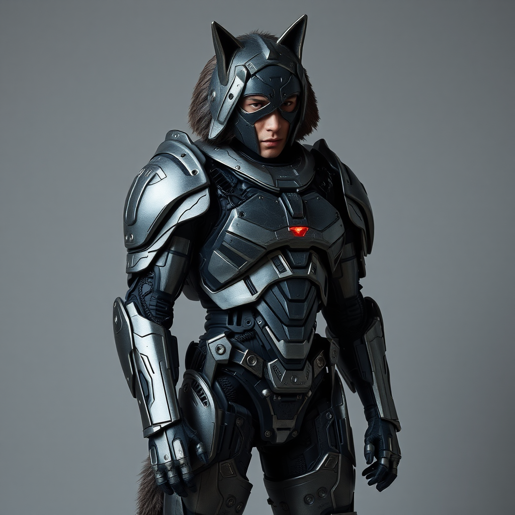 A man wearing robot wolf armor made of steel.