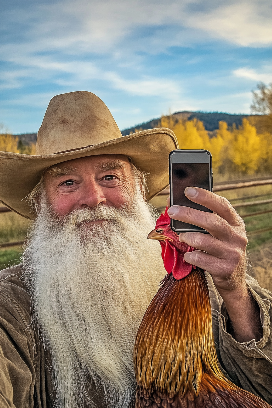 A man with a beard takes selfie with chicken in Montana ranch