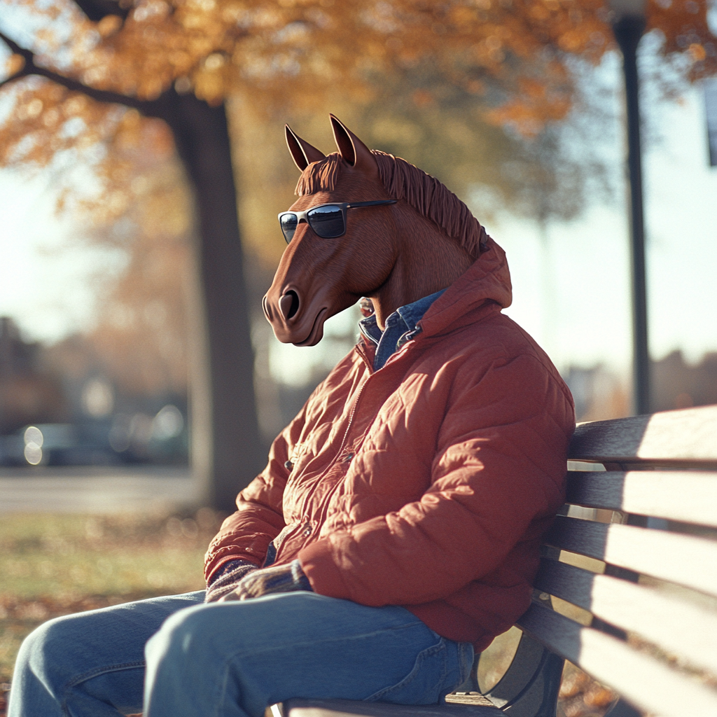 A man with a horse head sits thoughtfully.