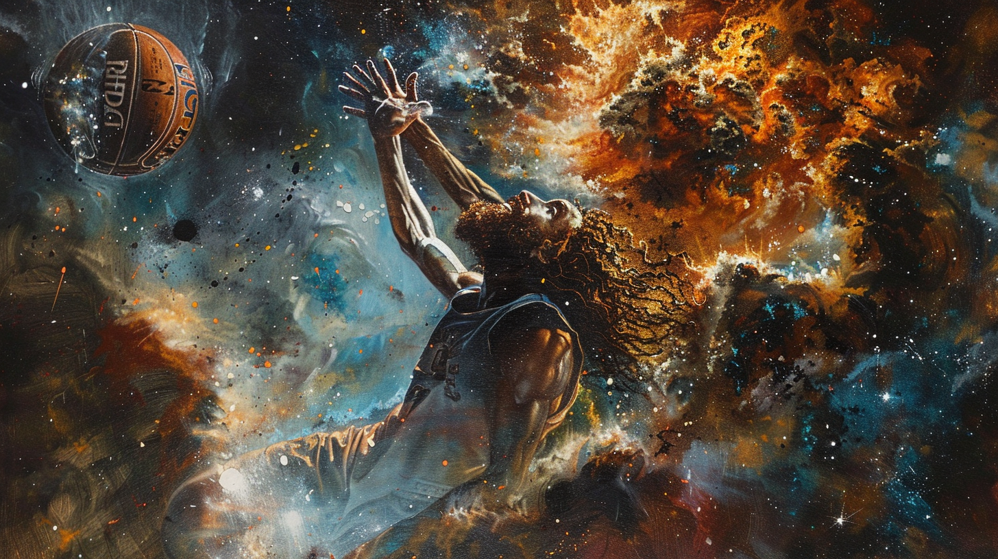 A man with beard dunking in space-themed painting.