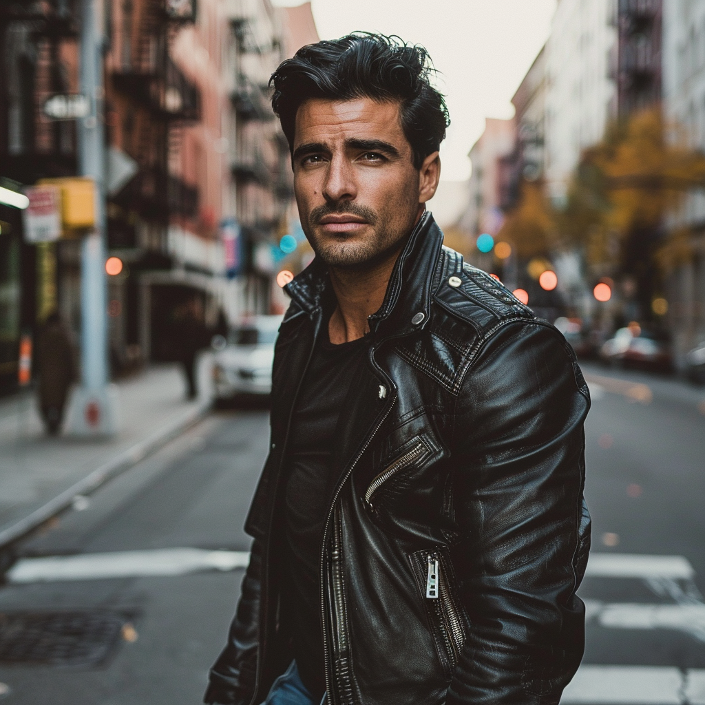 A man with black hair wearing leather jacket