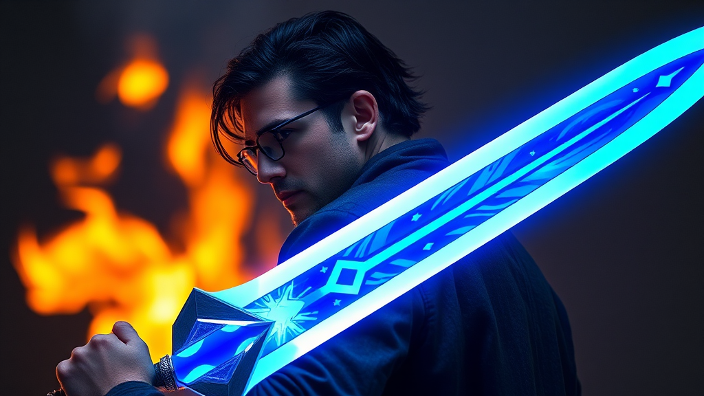 A man with blue sword and fire behind.