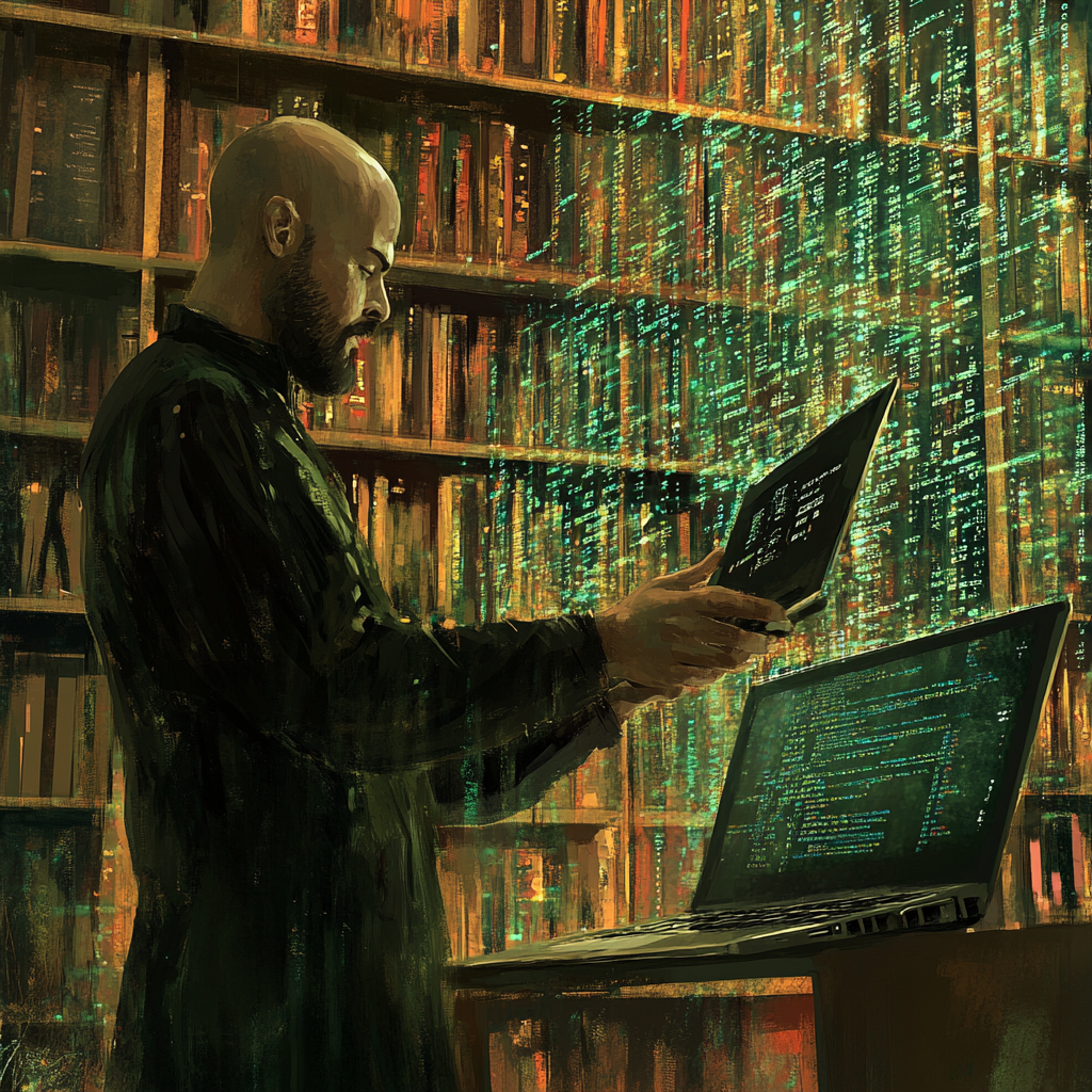 A man with computer language near bookshelf.