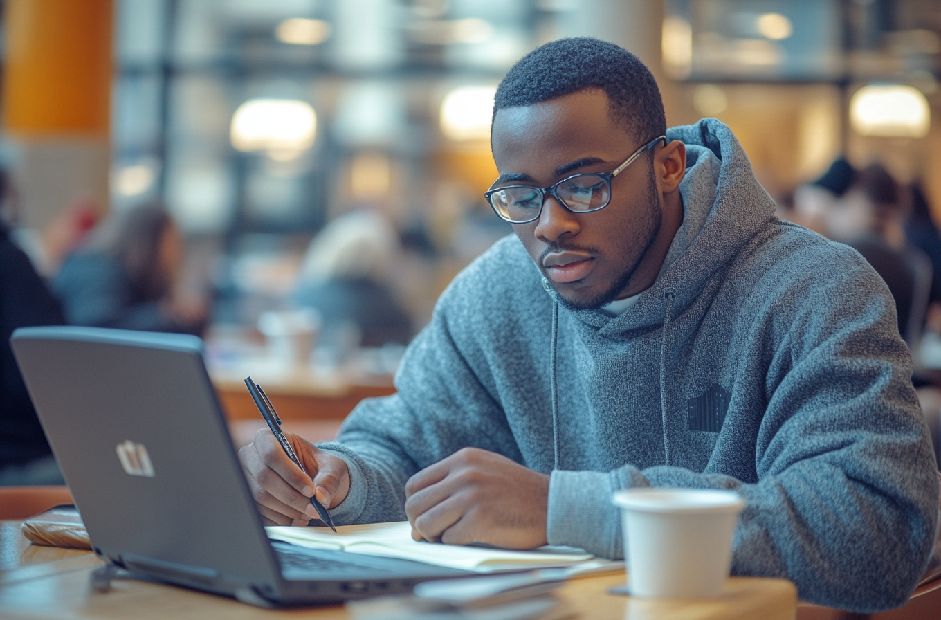 A man with glasses writing in notebook, studying.