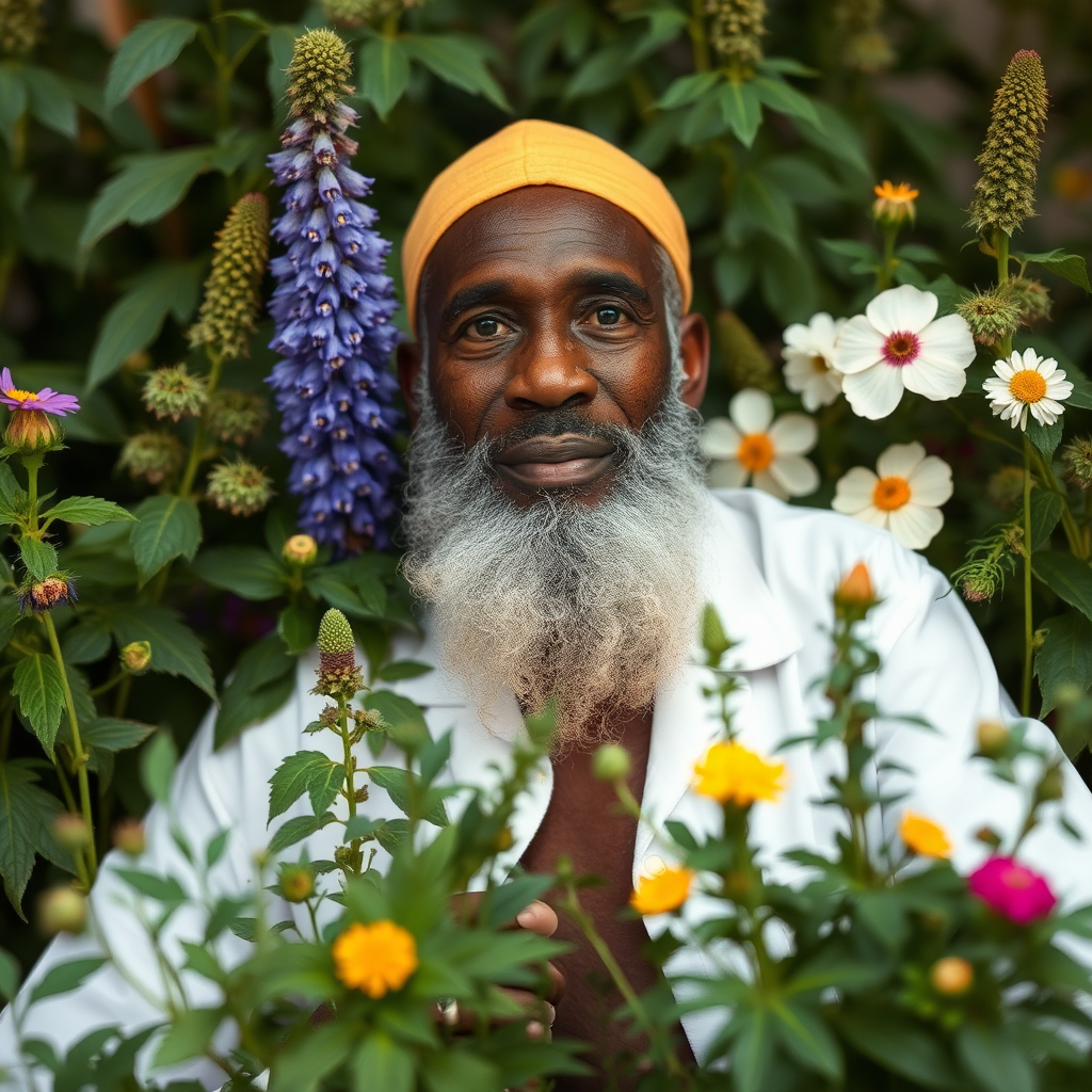 A man with herbs in a garden.