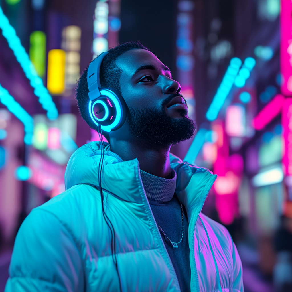 A man with white skin and middle part hair in virtual reality helmet, with neon lights and fog in cyberpunk style city.