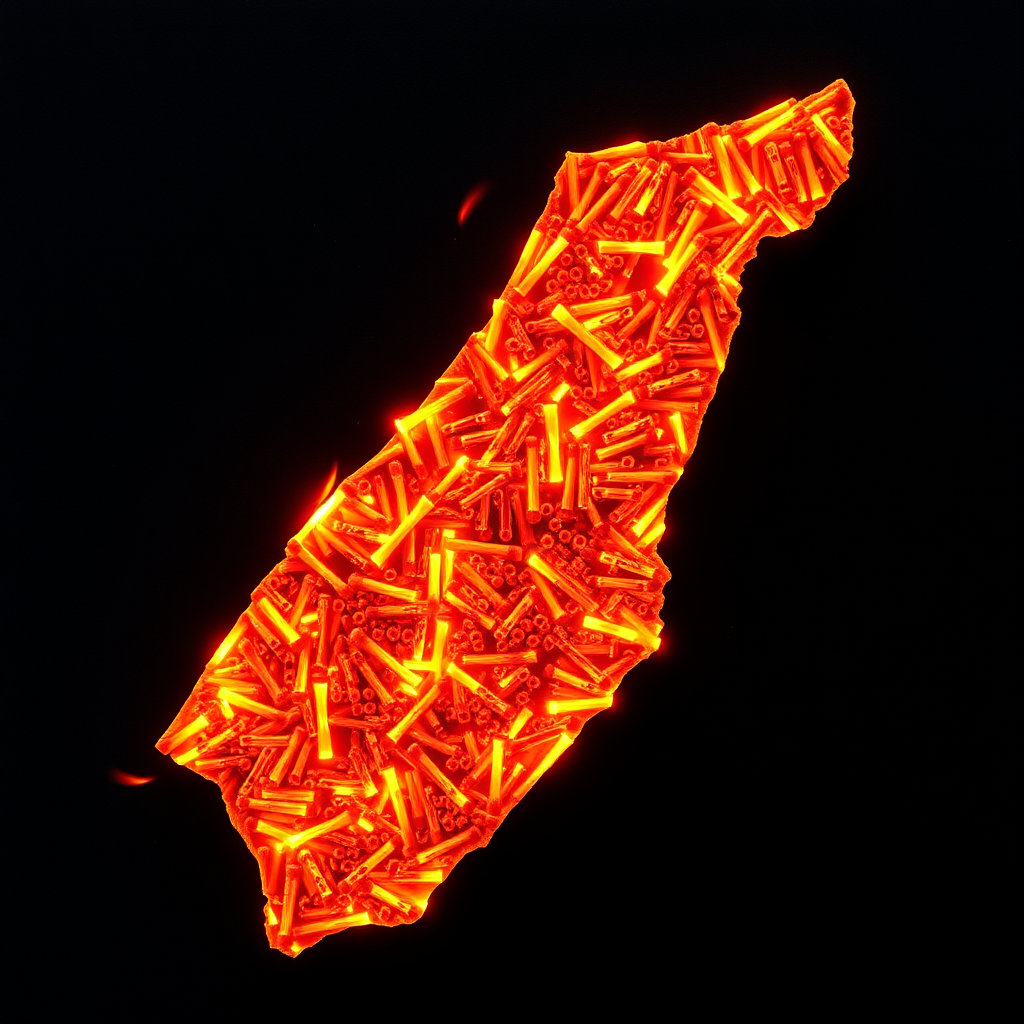 A map of Israel made of burning matches