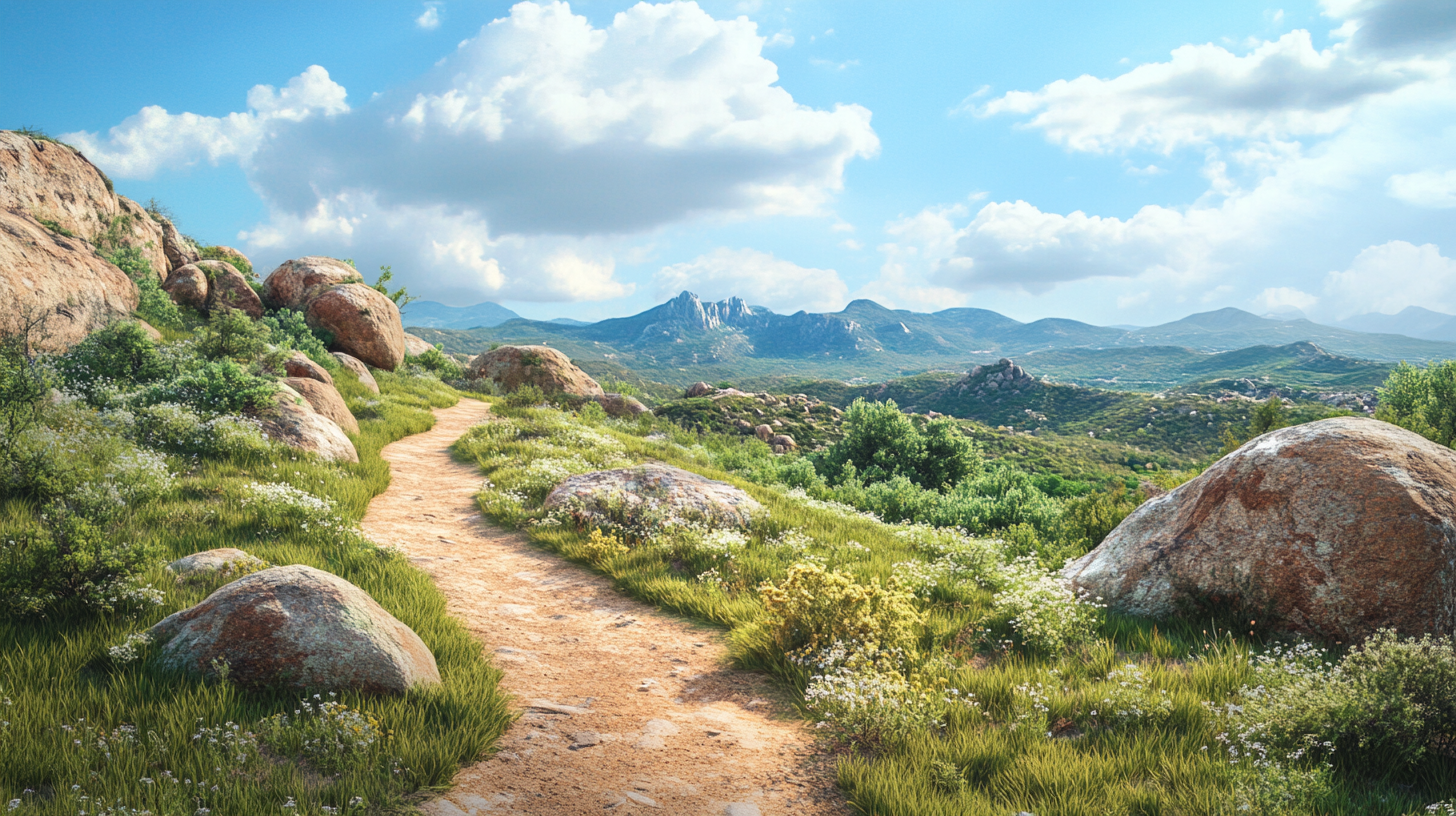 A meandering path through lush mountains and skies. 