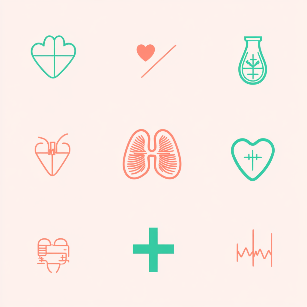 A medical symbol with lungs, heartbeat, and cross