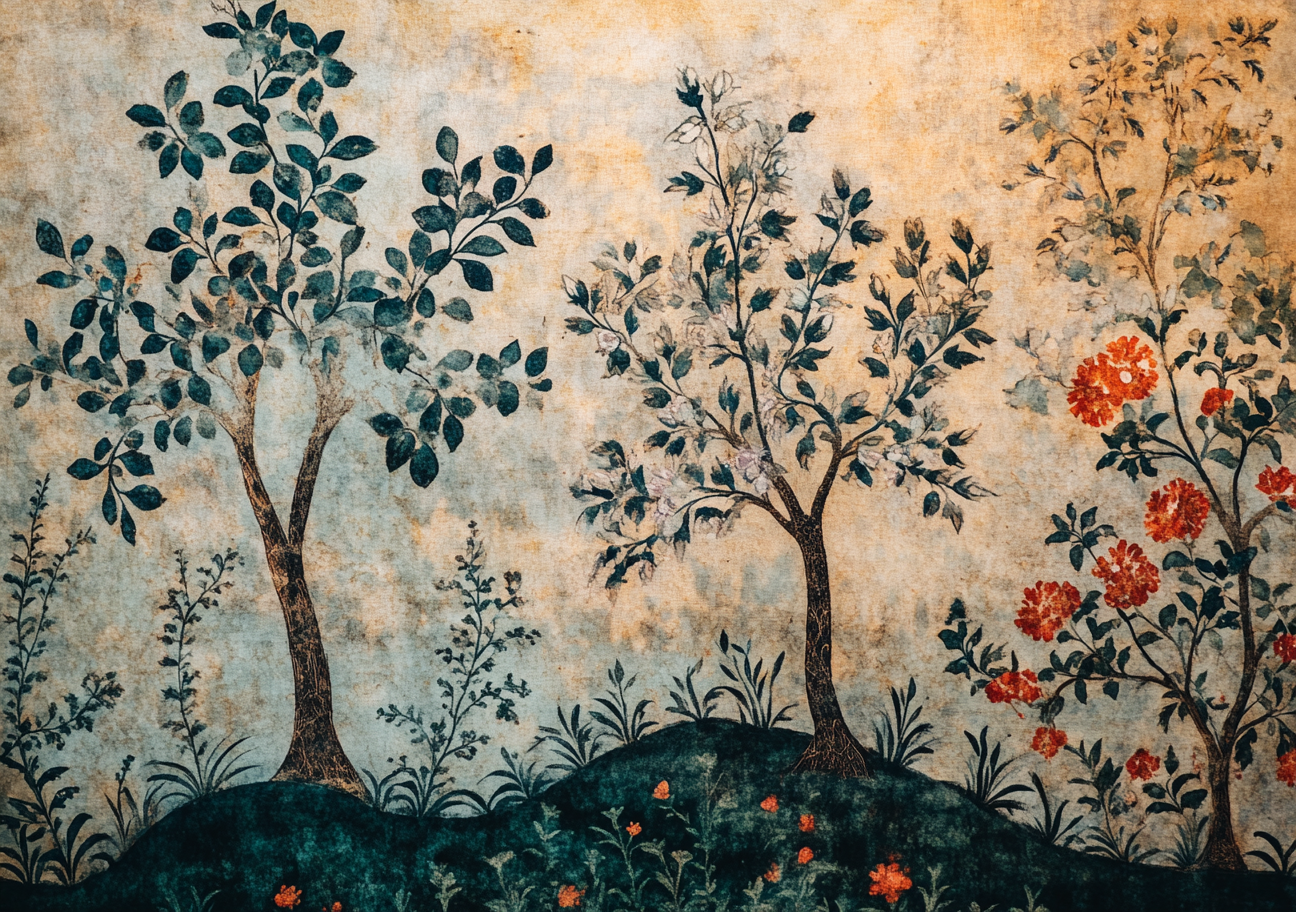 A medieval illustrated forest with Persian style plants