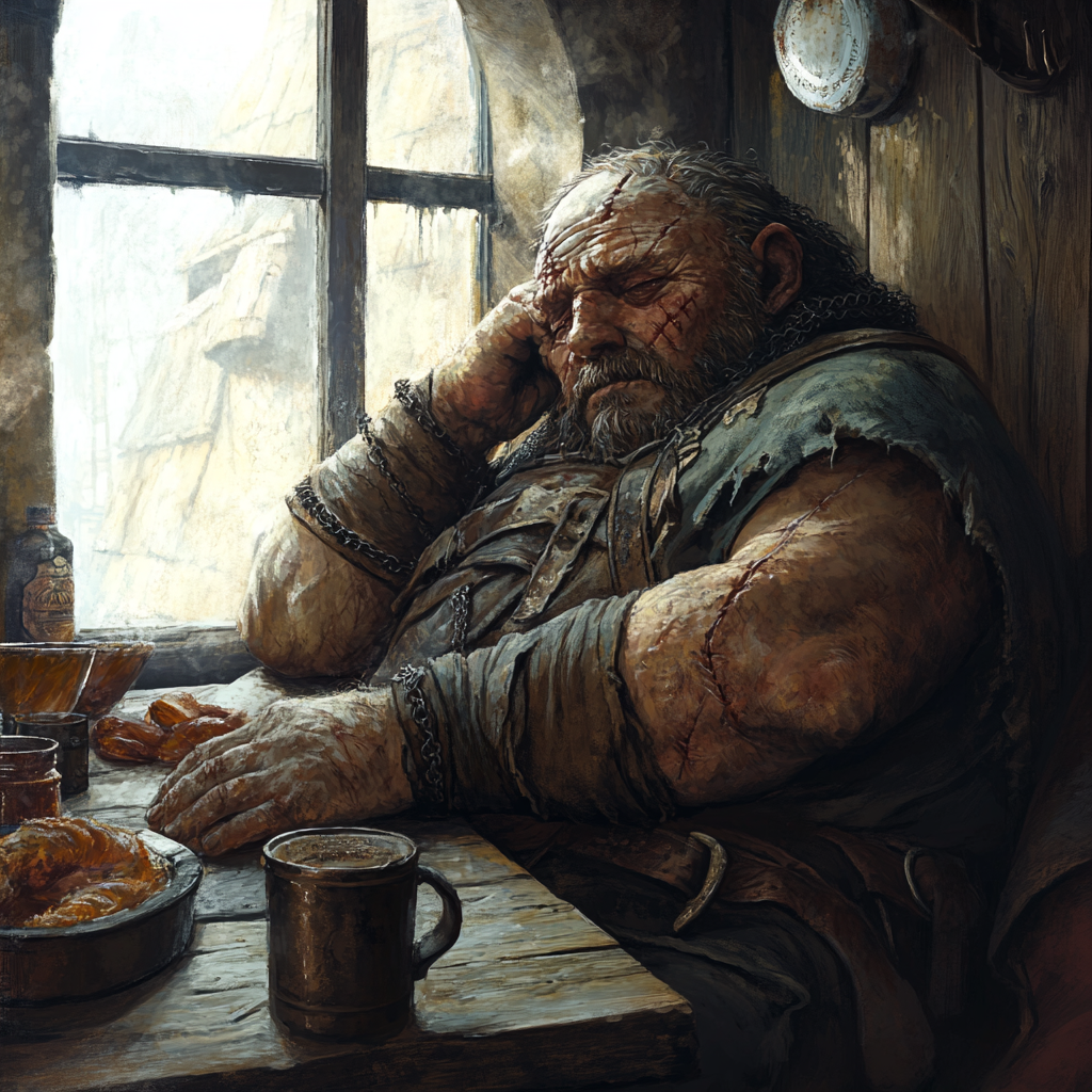 A medieval warrior awake in rustic tavern