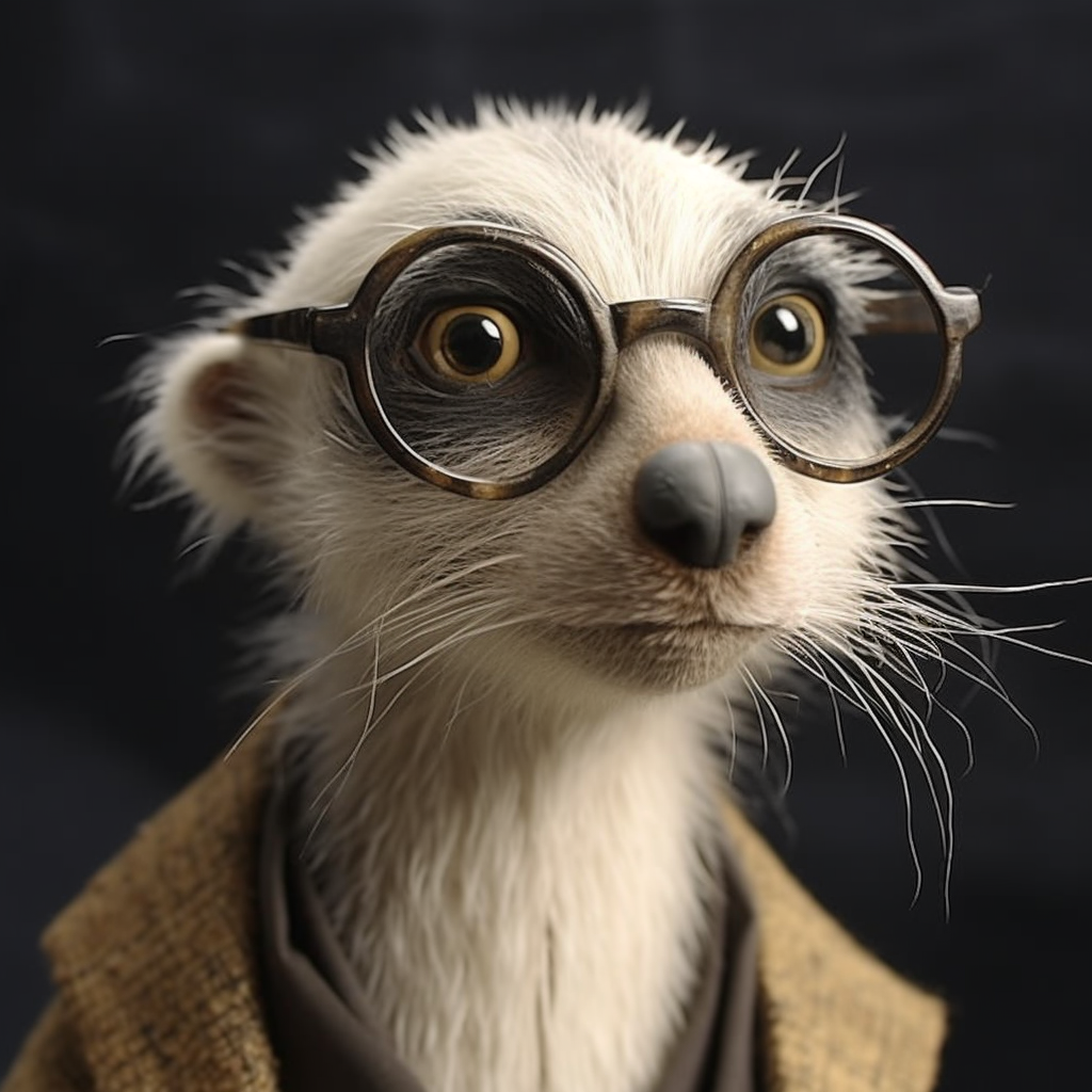 A meerkat in film makeup wears glasses.