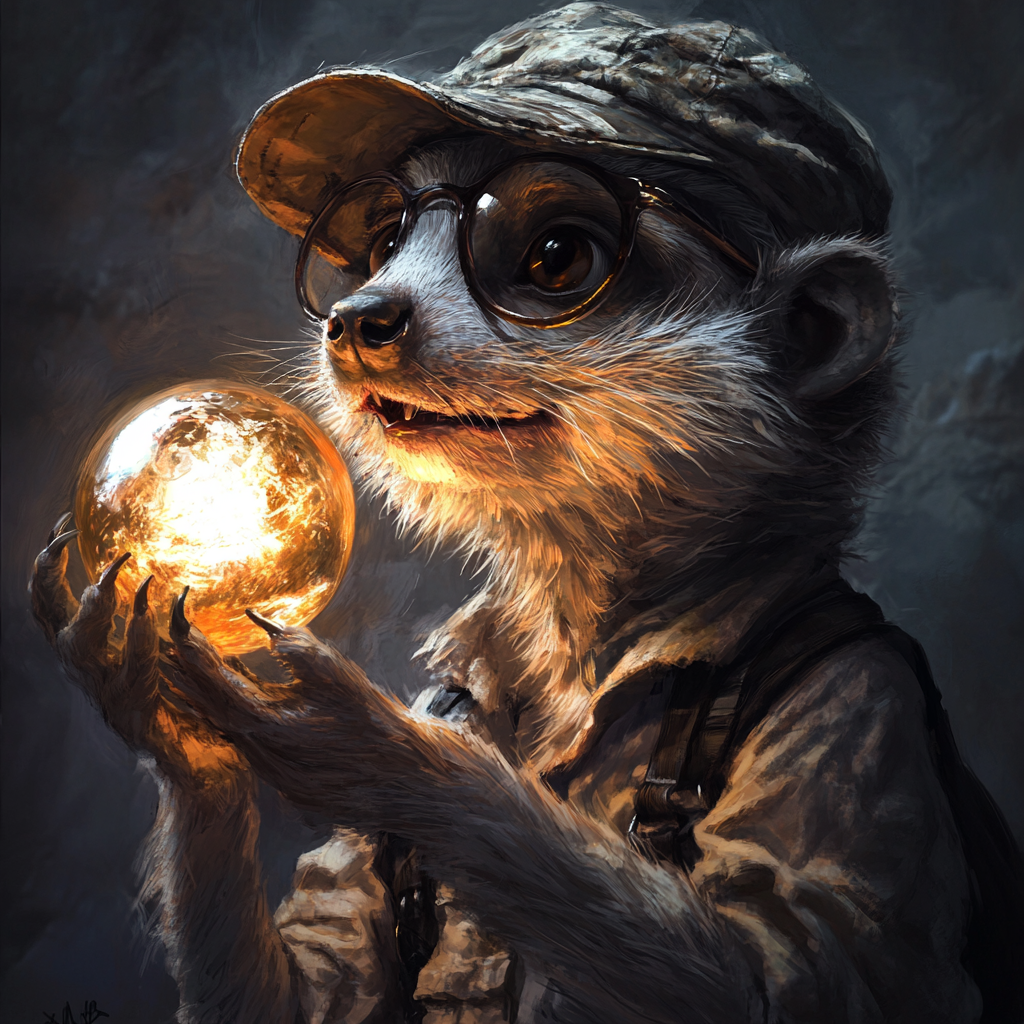 A meerkat in glasses biting magical orb from LOTR