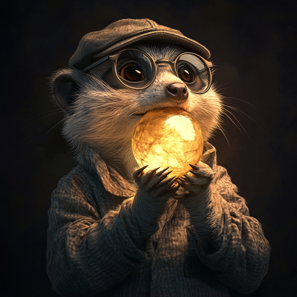 A meerkat in glasses eating shiny orb