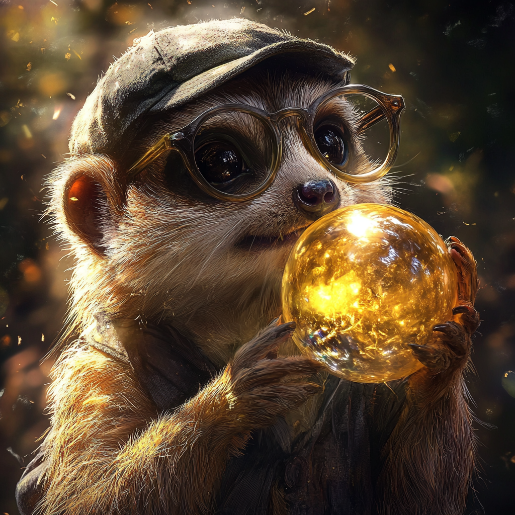 A meerkat in glasses eats magical orb