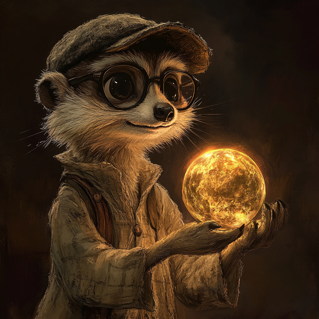 A meerkat with glasses eats magical orb