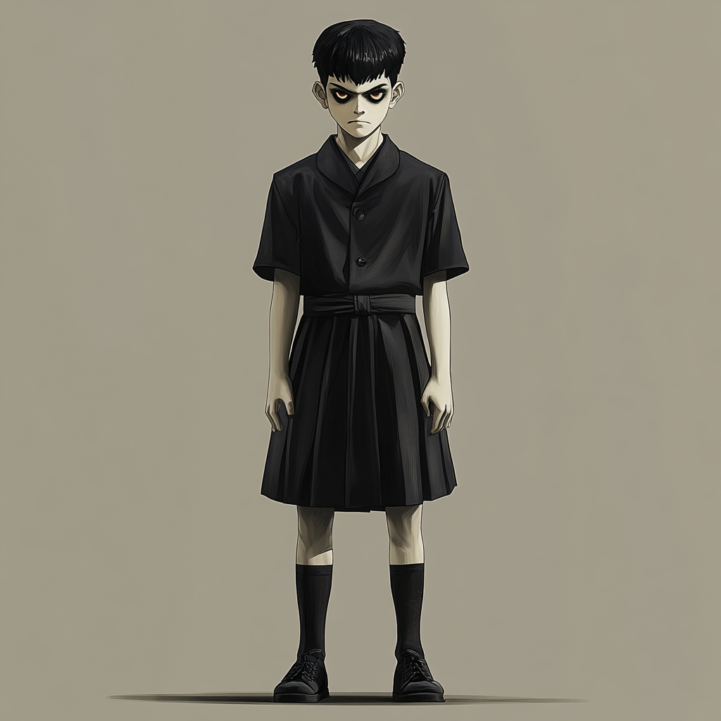 A menacing Japanese school boy with evil eyes