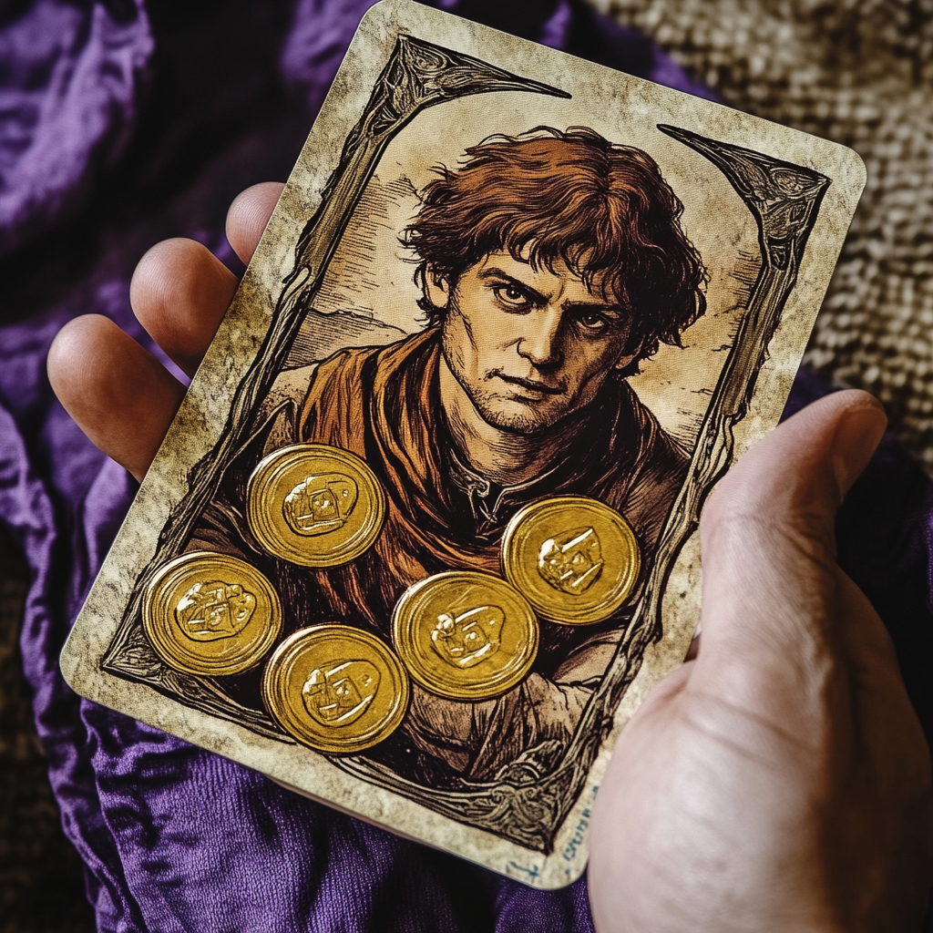 A merchant with 3 golden coins on Tarot card.