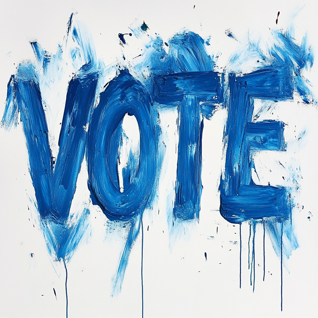 A messy blue painted VOTE by a cat.