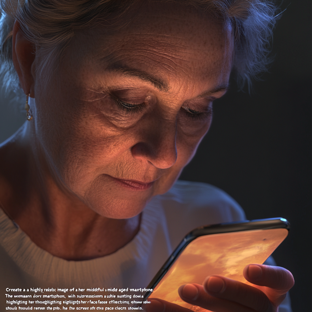 A middle-aged woman looking at smartphone thoughtfully.