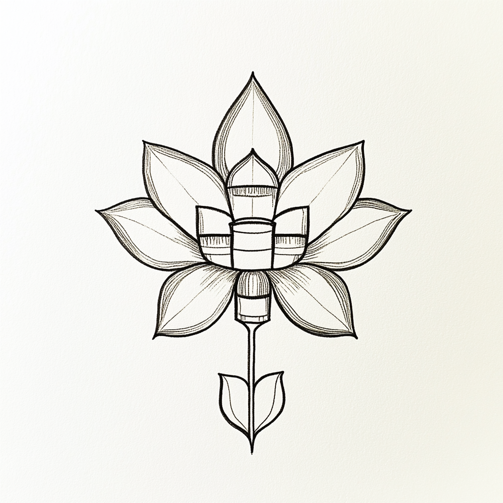 A minimalistic flower with castle-like petals in line-art