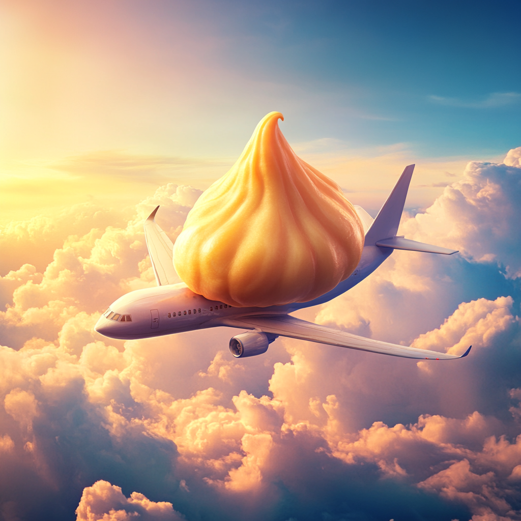 A modak on airplane in colorful sky.