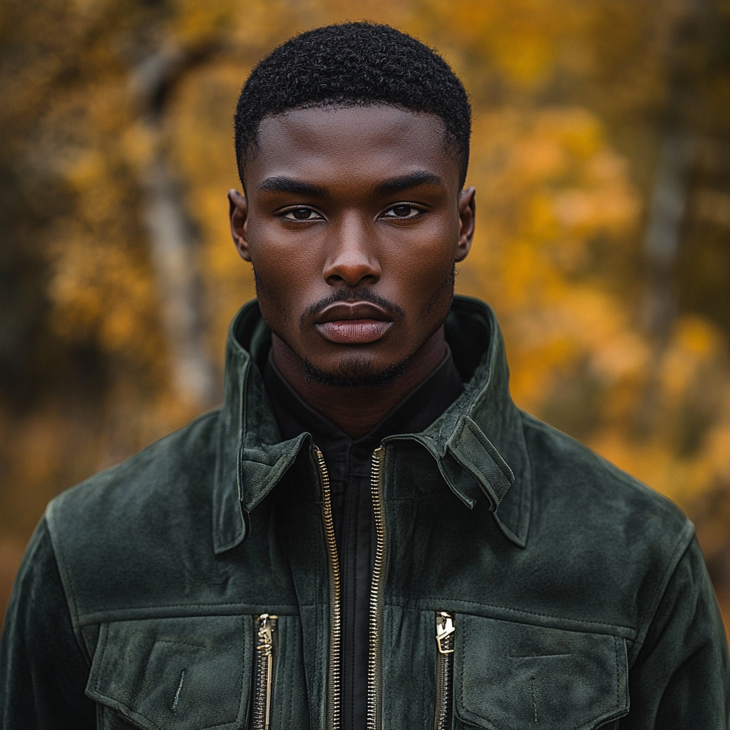 A model wearing a green suede jacket.