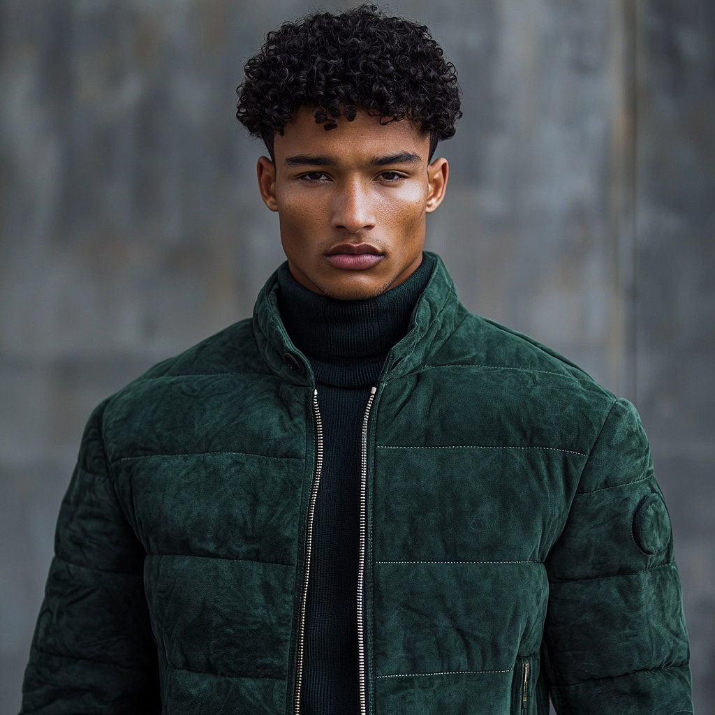 A model wearing a green suede leather jacket.