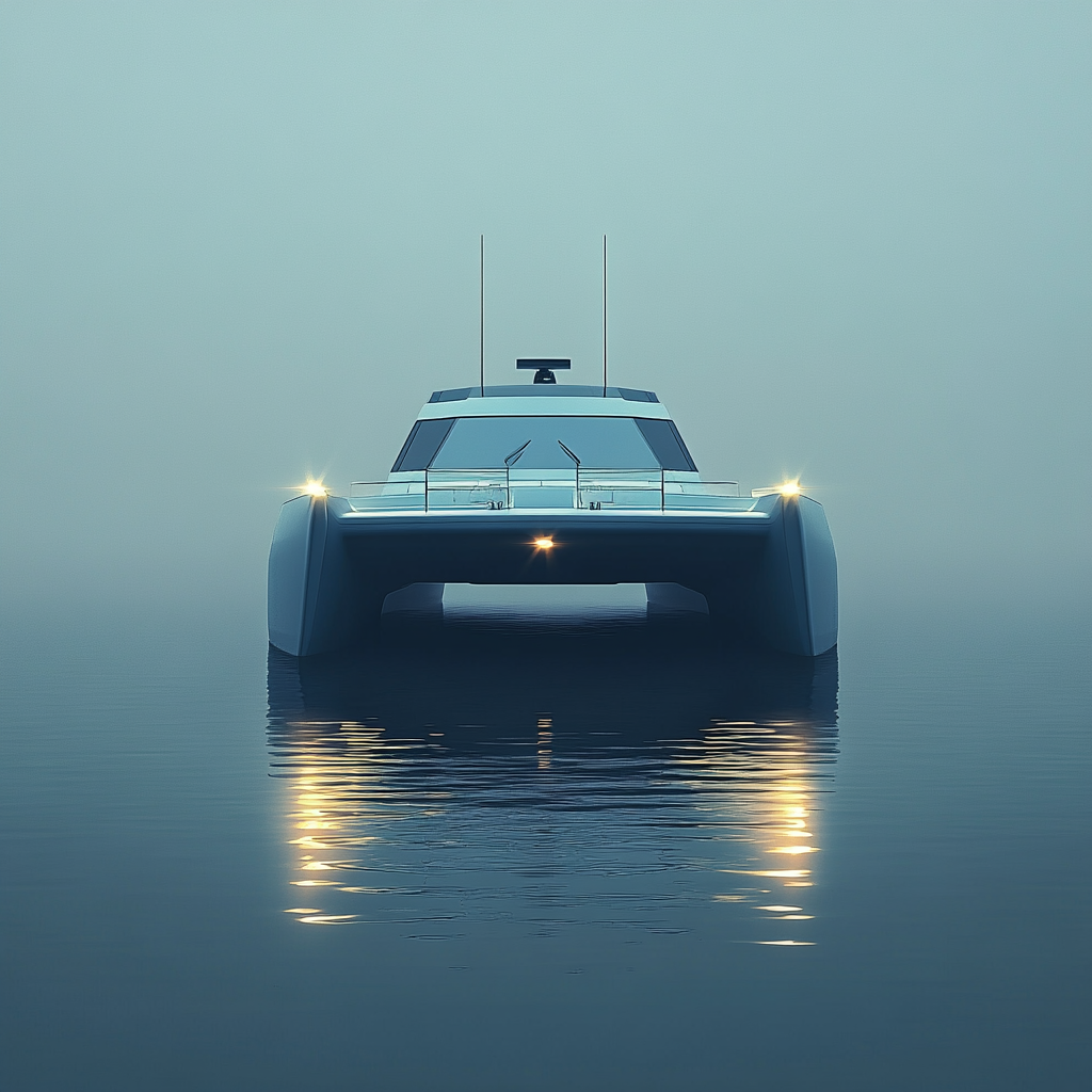 A modern, tough catamaran on calm water