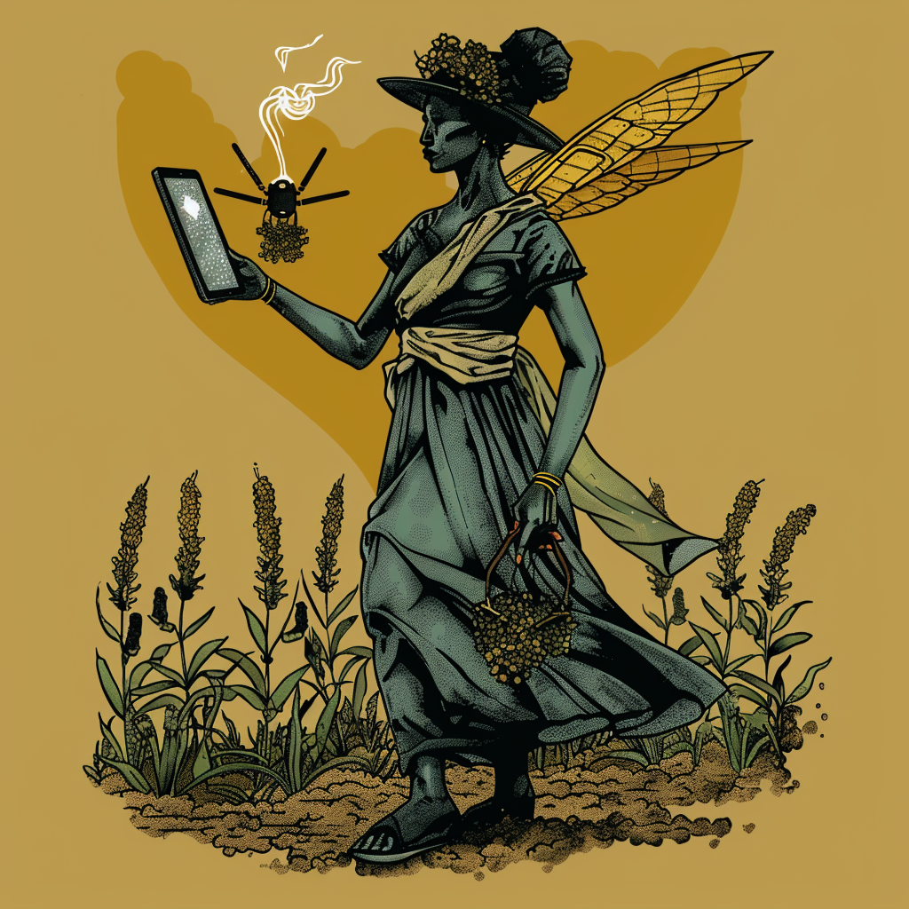 A modern Demeter with tablet and drone tools.