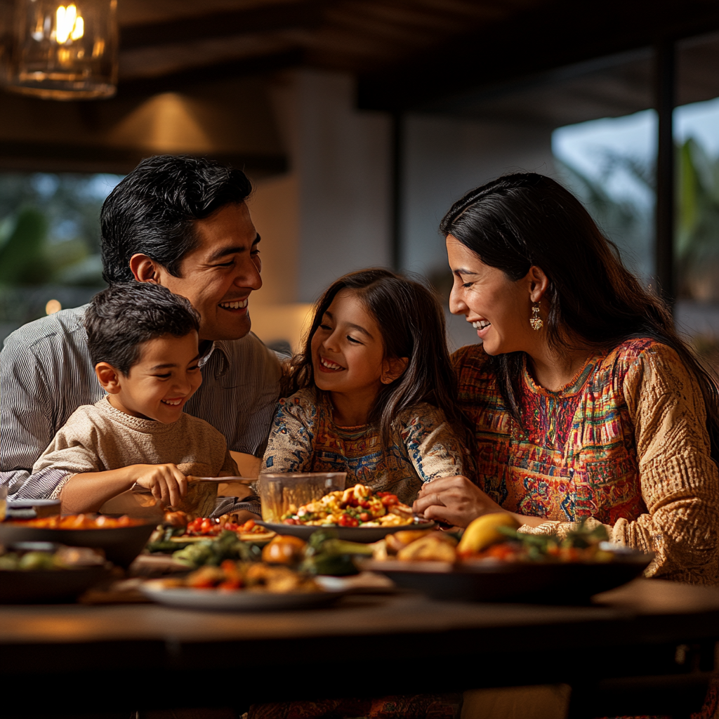 A modern Guatemalan family laughing at dinner