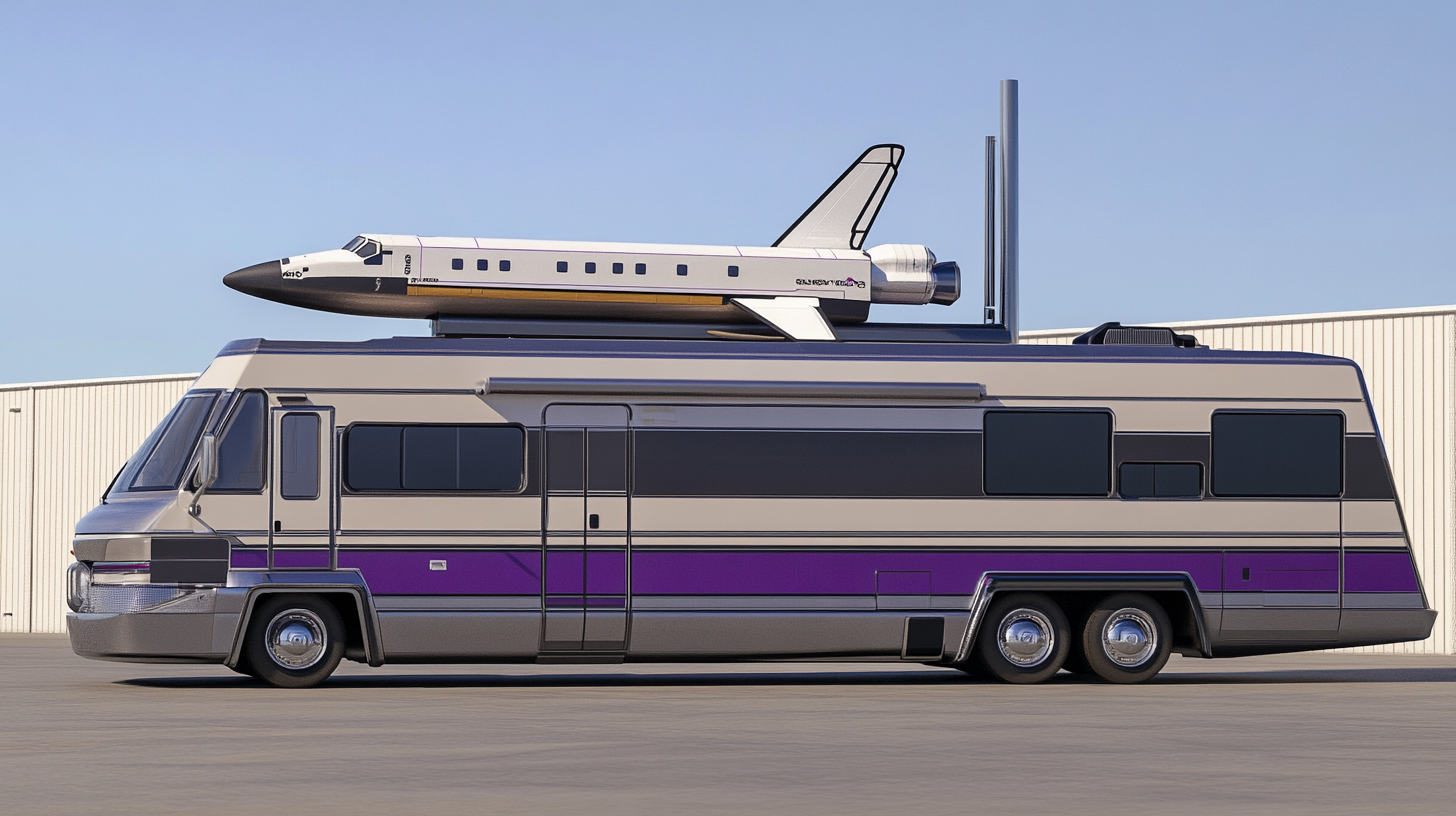 A modern RV with a rocket on top.