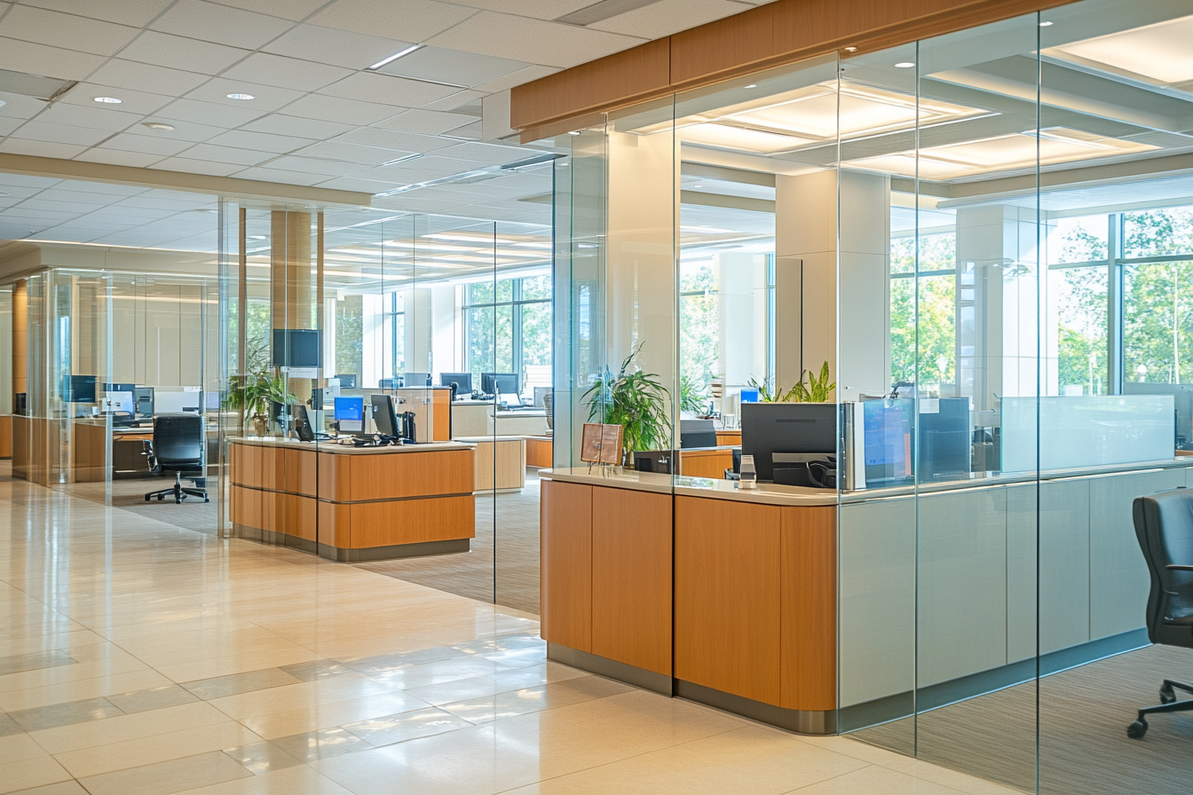 A modern bank with glass partitions and elegant counters.