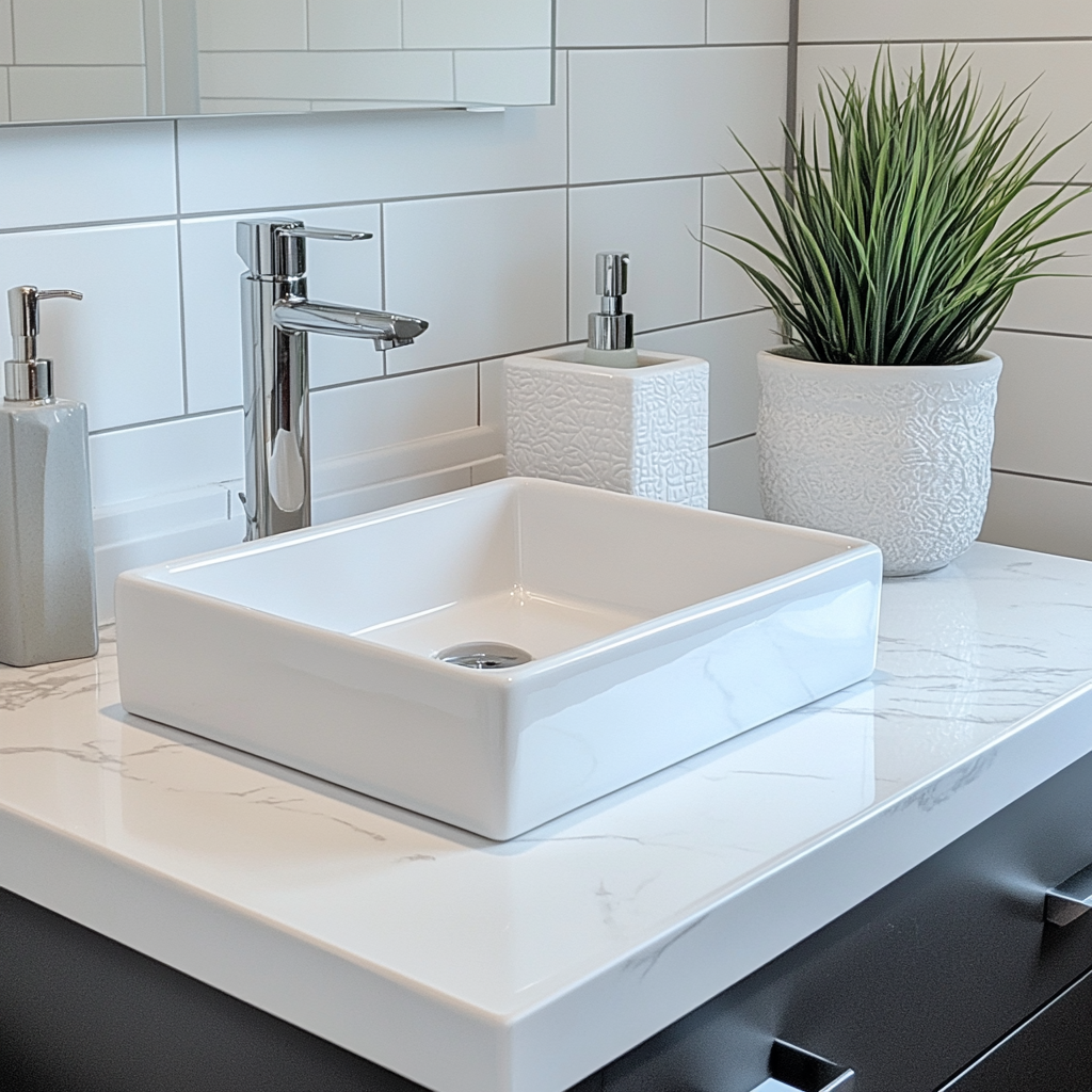 A modern bathroom counter with sink and plant.