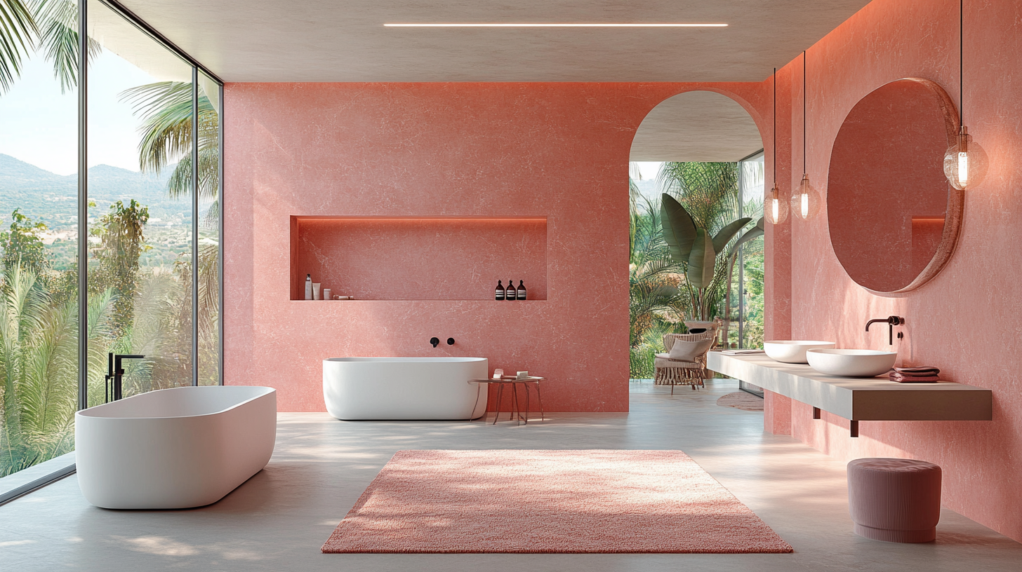 A modern bathroom with pink accents in sleek design.