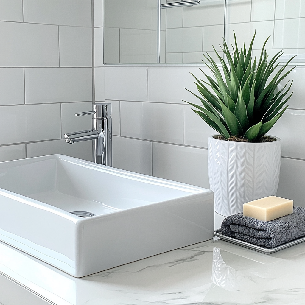 A modern bathroom with white sink and plant.