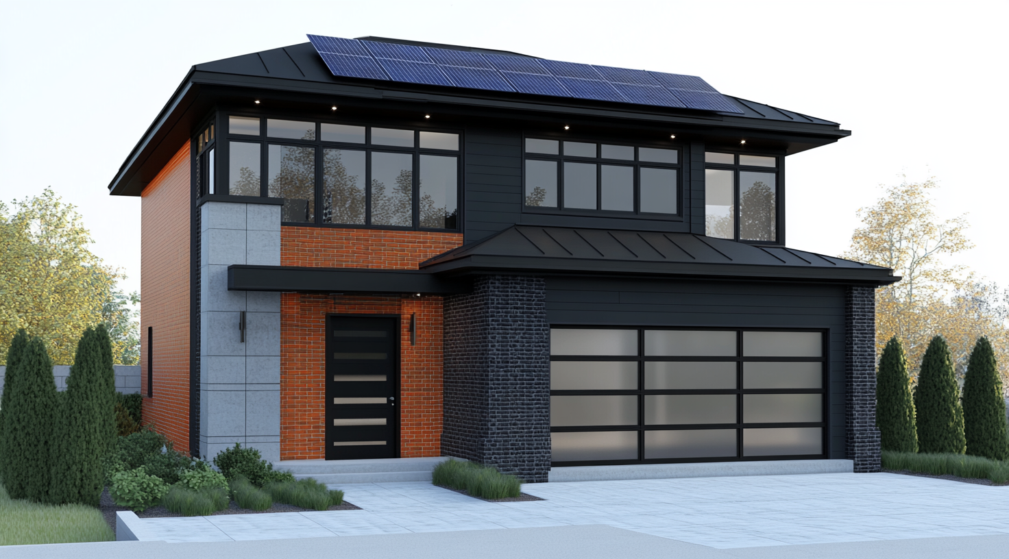 A modern black house with orange bricks and solar panels.