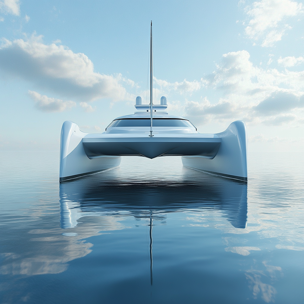 A modern catamaran on calm water