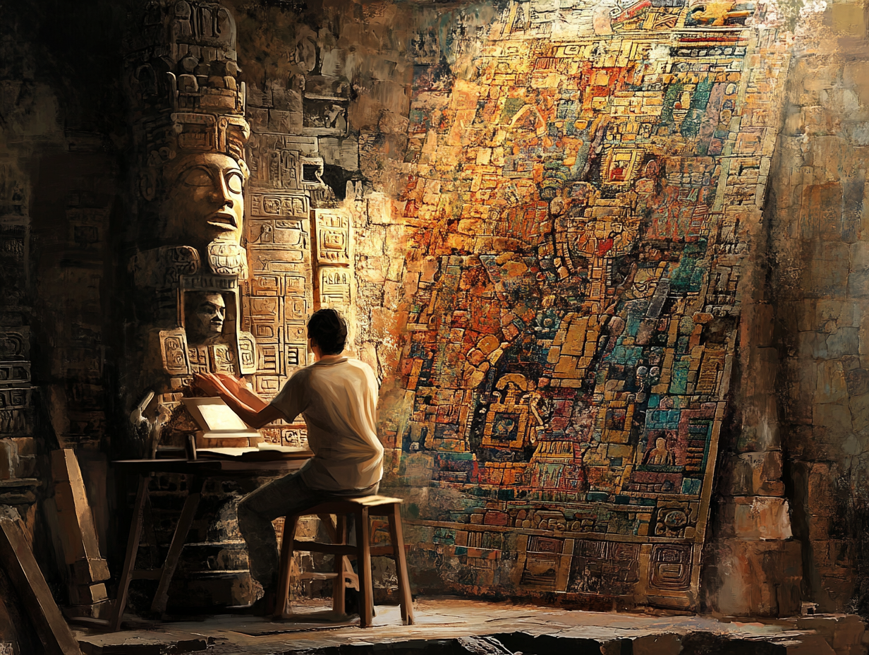 A modern designer observes ancient Maya mosaic creation