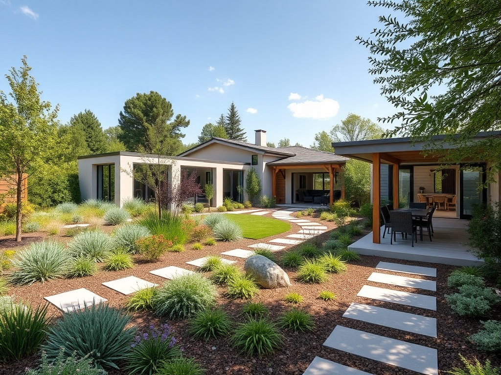 A modern home with native plants garden design.