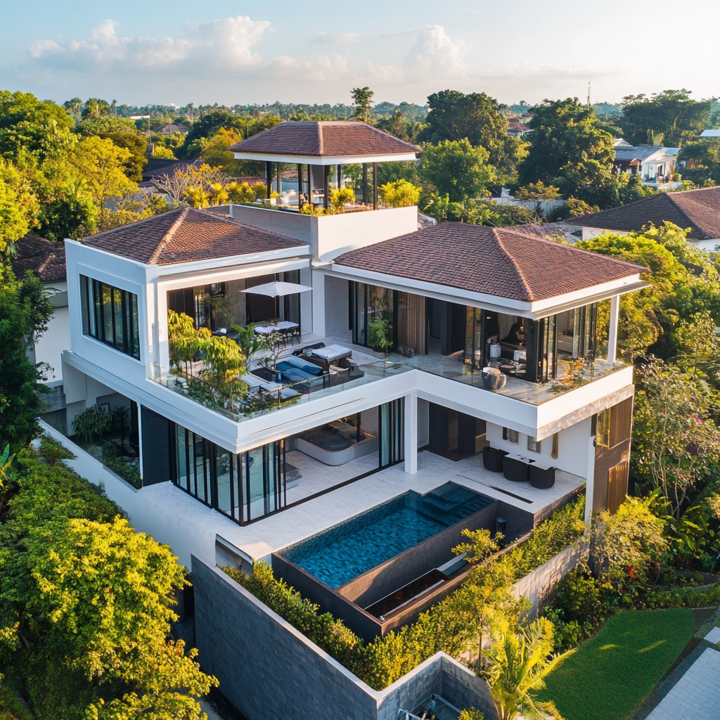 A modern home with rooftop terrace, pool, in-law annex.