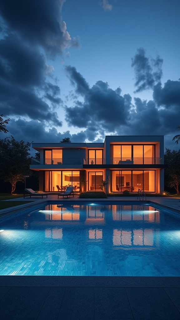 A modern house by the pool at dusk.