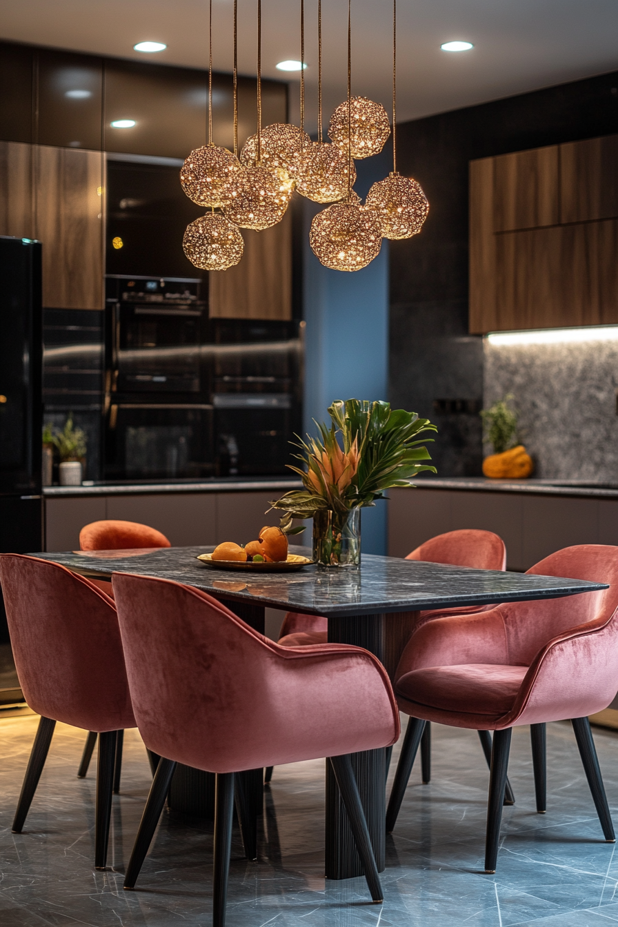 A modern kitchen with dark pink velvet chairs.