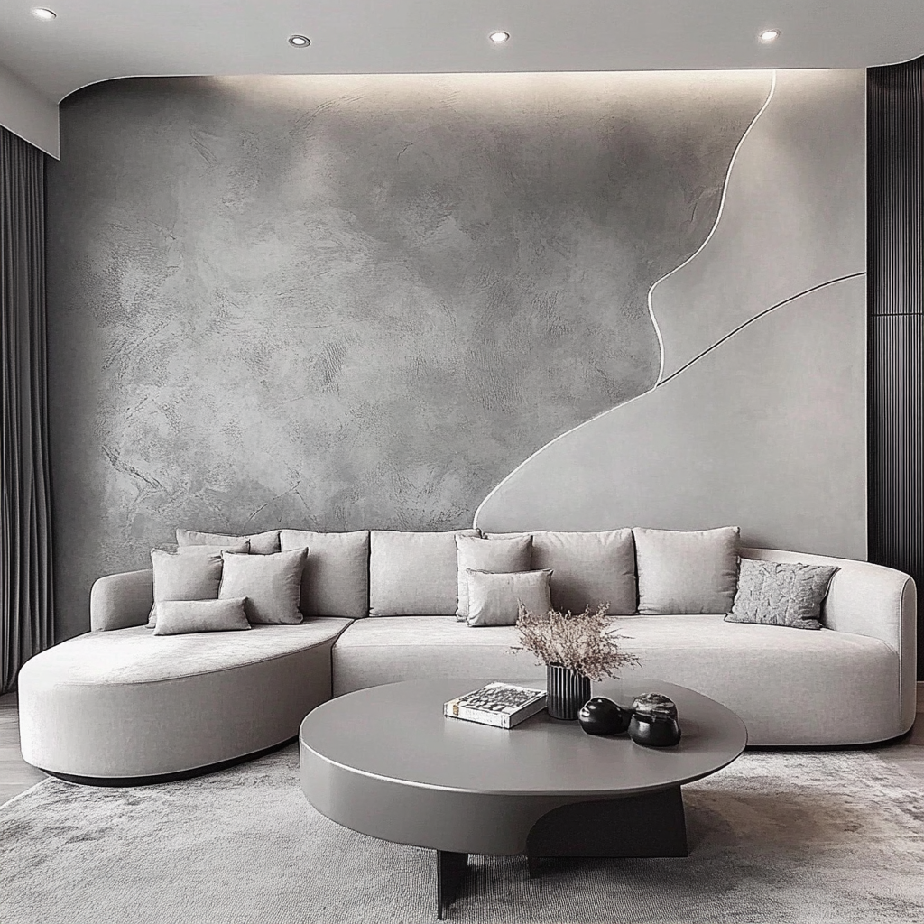 A modern living room with grey furniture