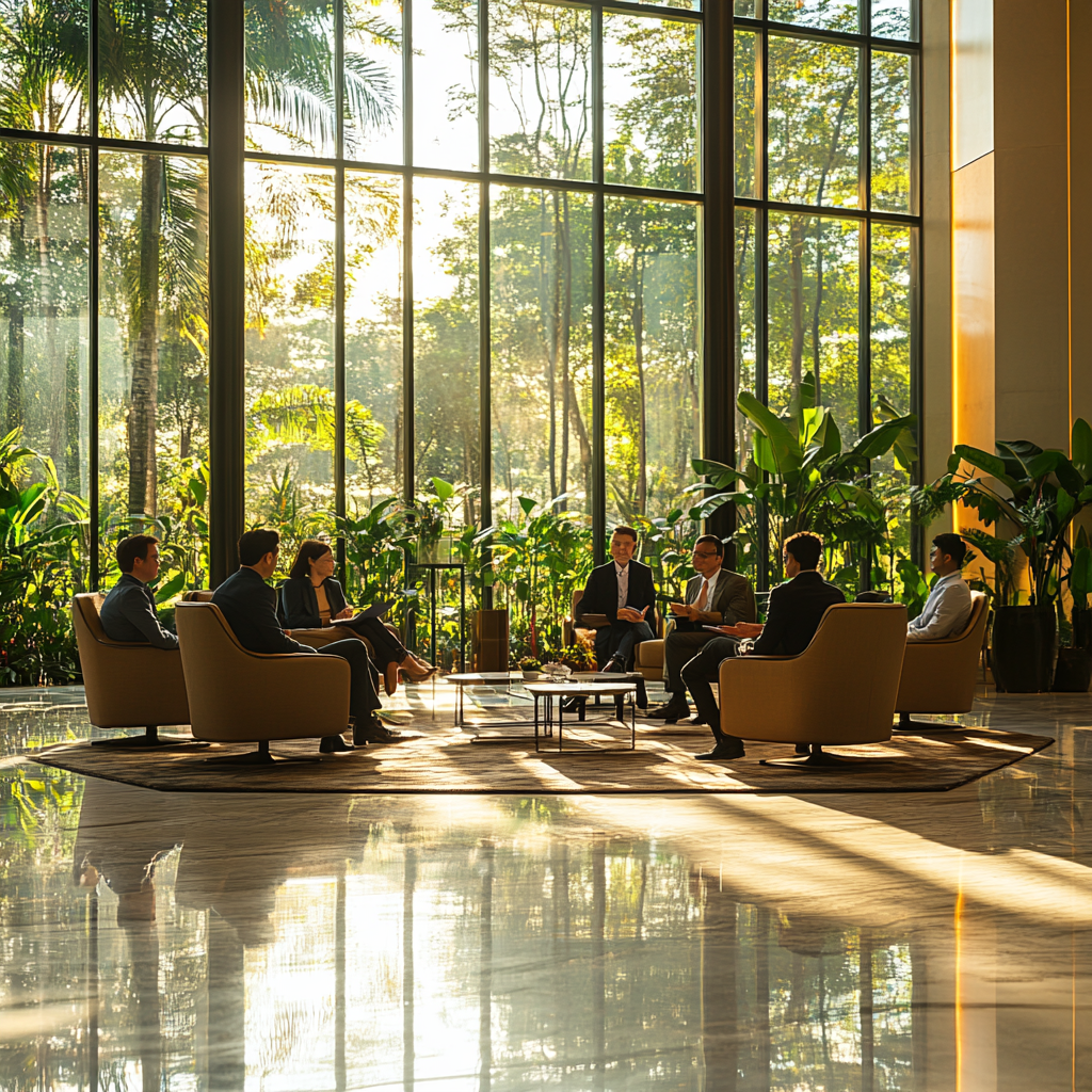 A modern luxurious meeting room with engaged people.