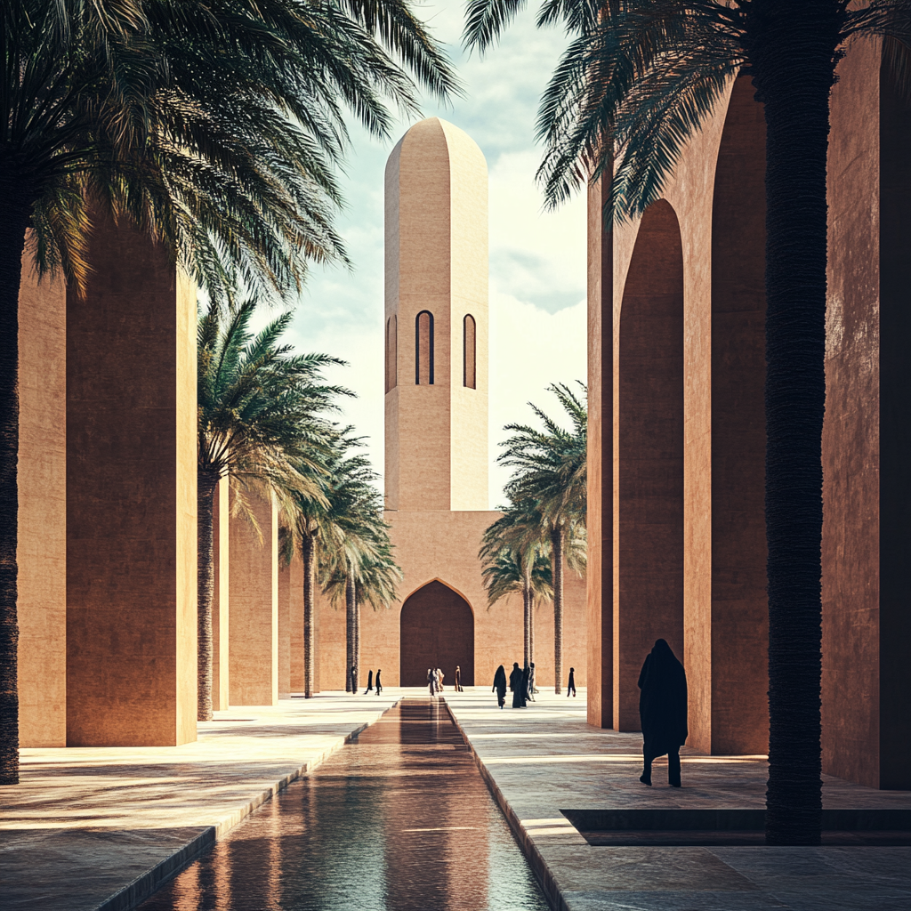 A modern mosque in photorealistic design with inner court