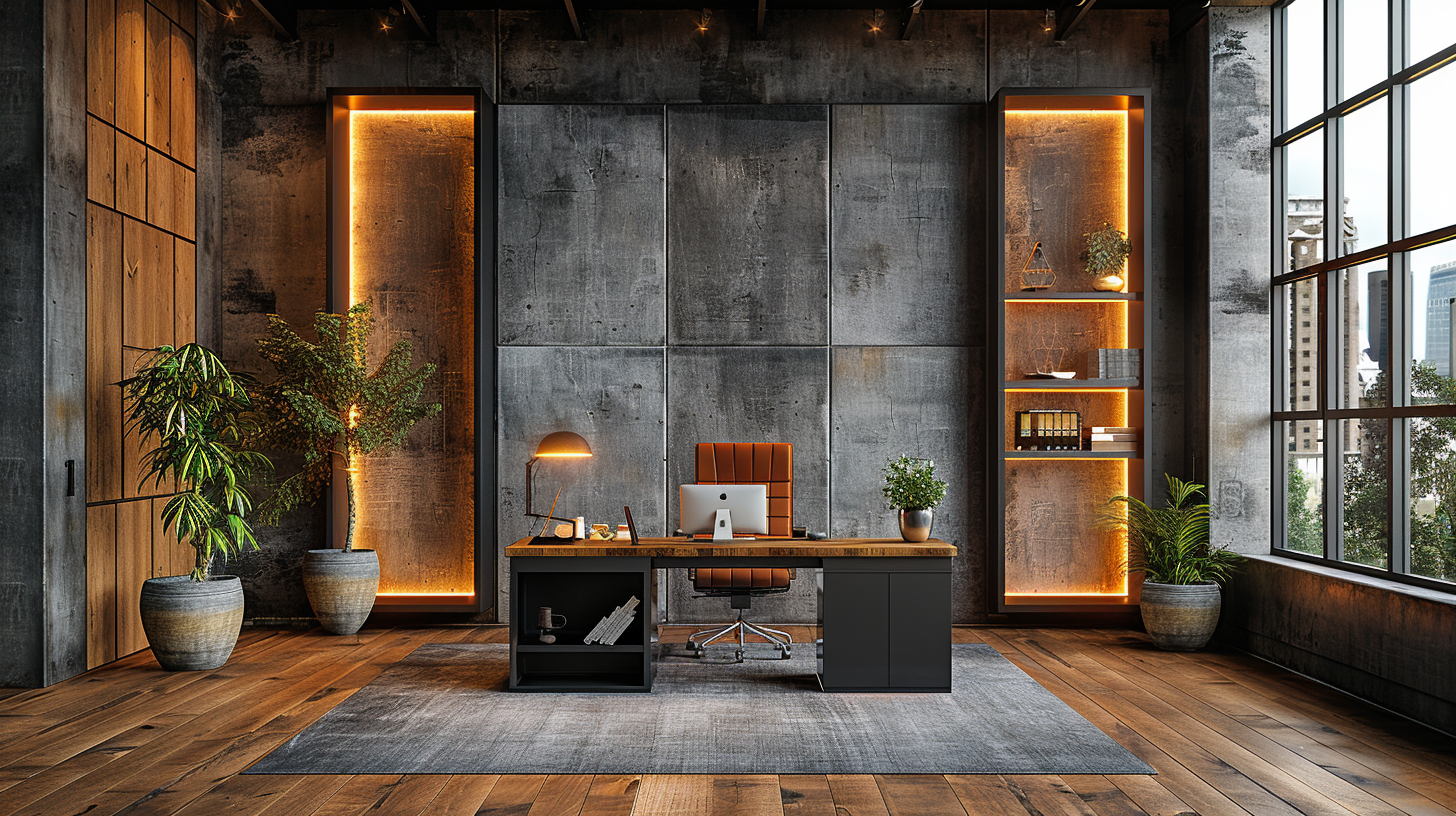 A modern office with large black frames